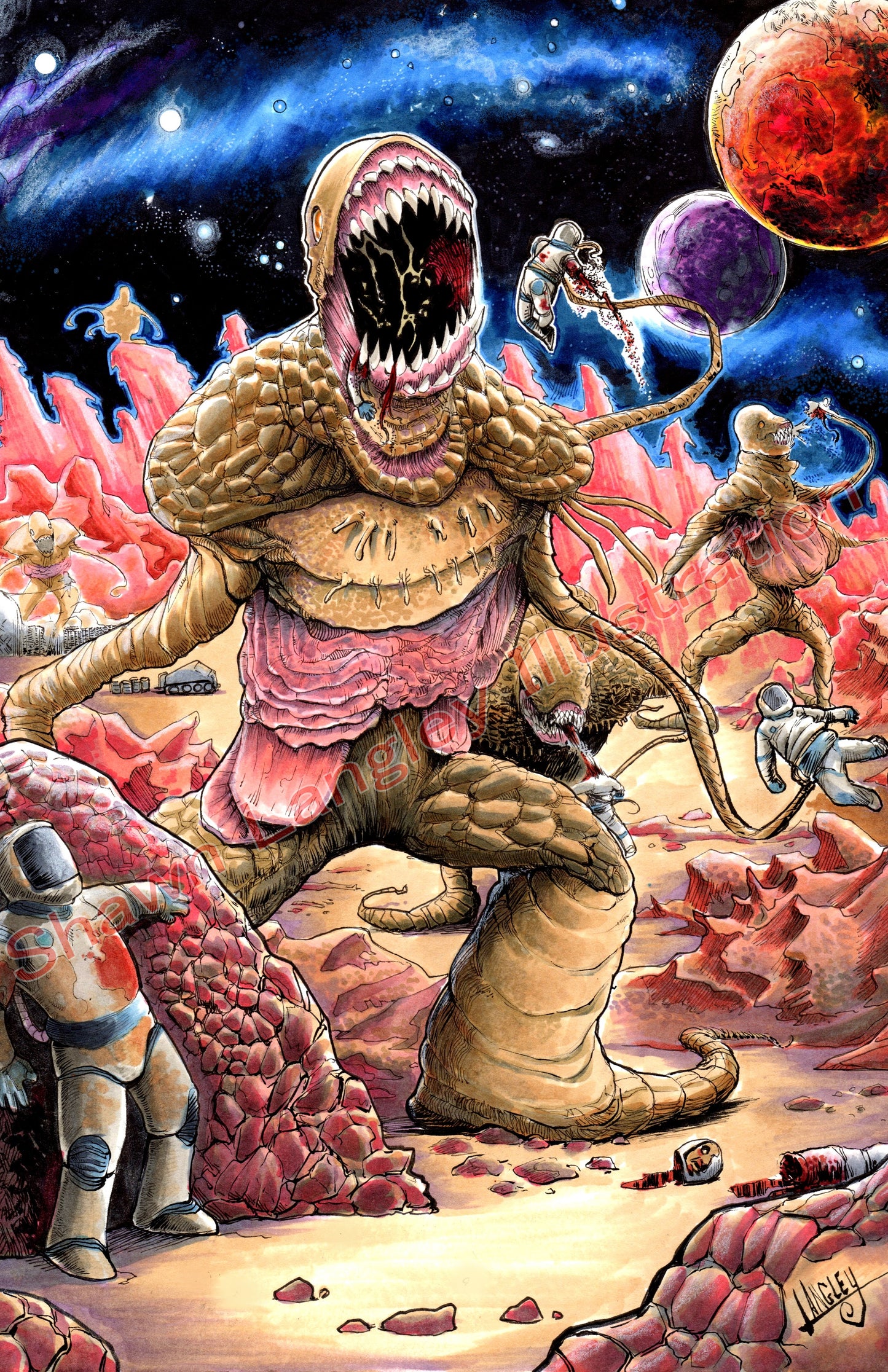 Massacre at Outpost 37 SIGNED 11x17" print Horror/ Scifi Art